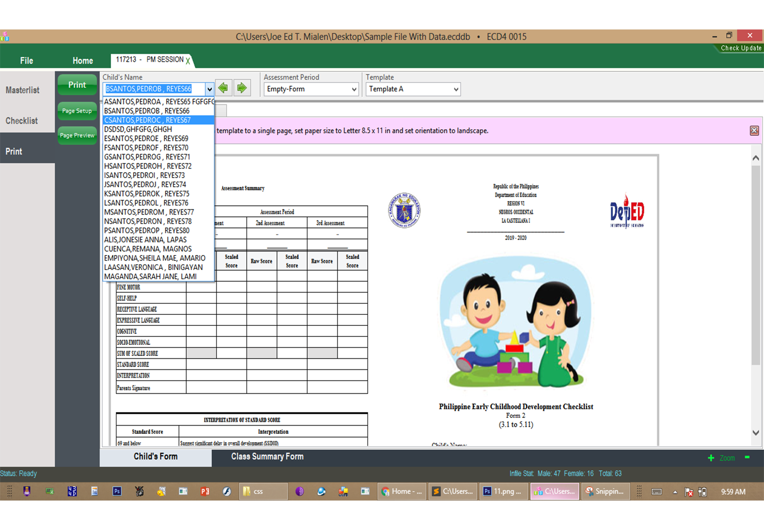 Generating childs report template A front face